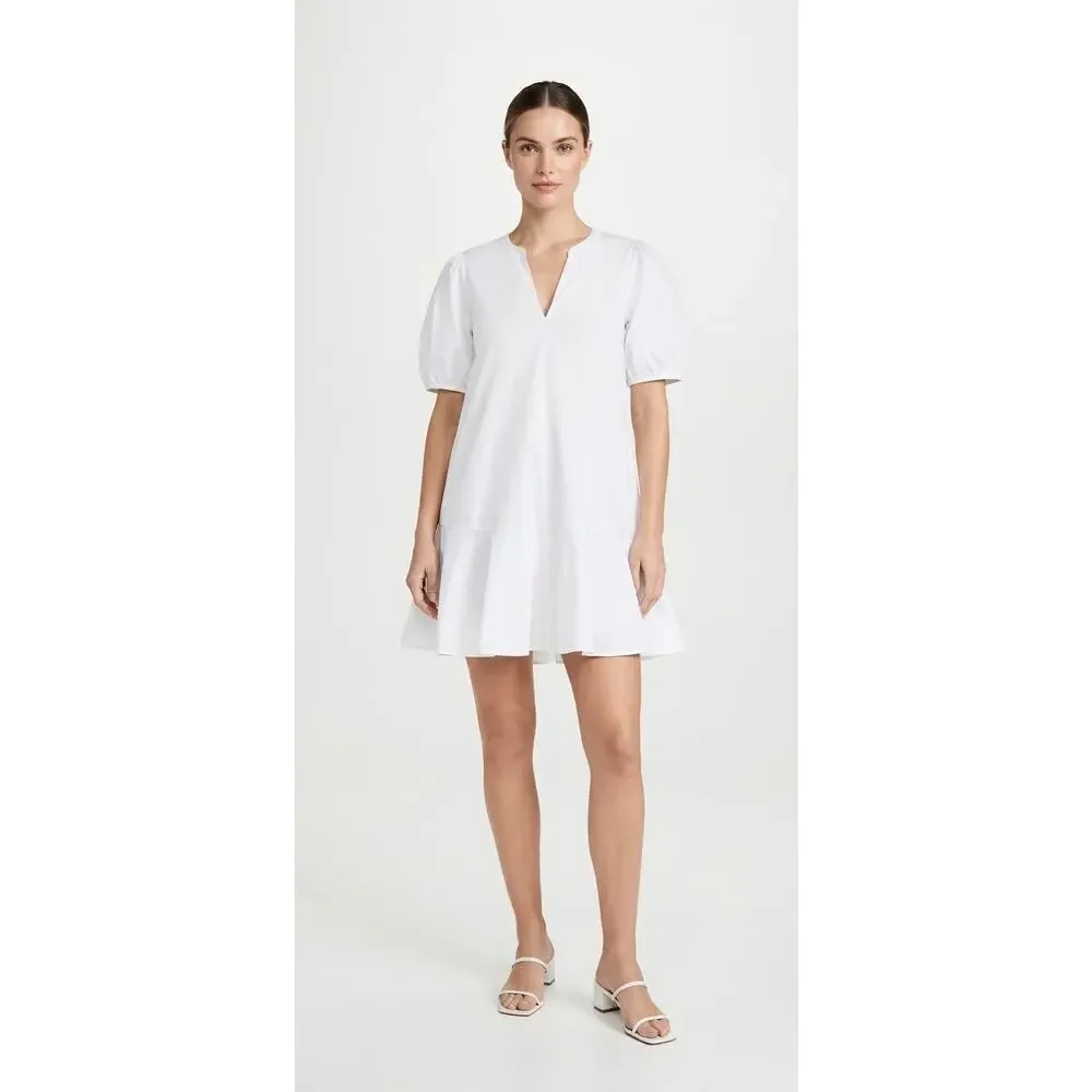 J.Crew White Cotton Poplin Delilah Puff Sleeve Ruffle Hem Mini Dress Size L
